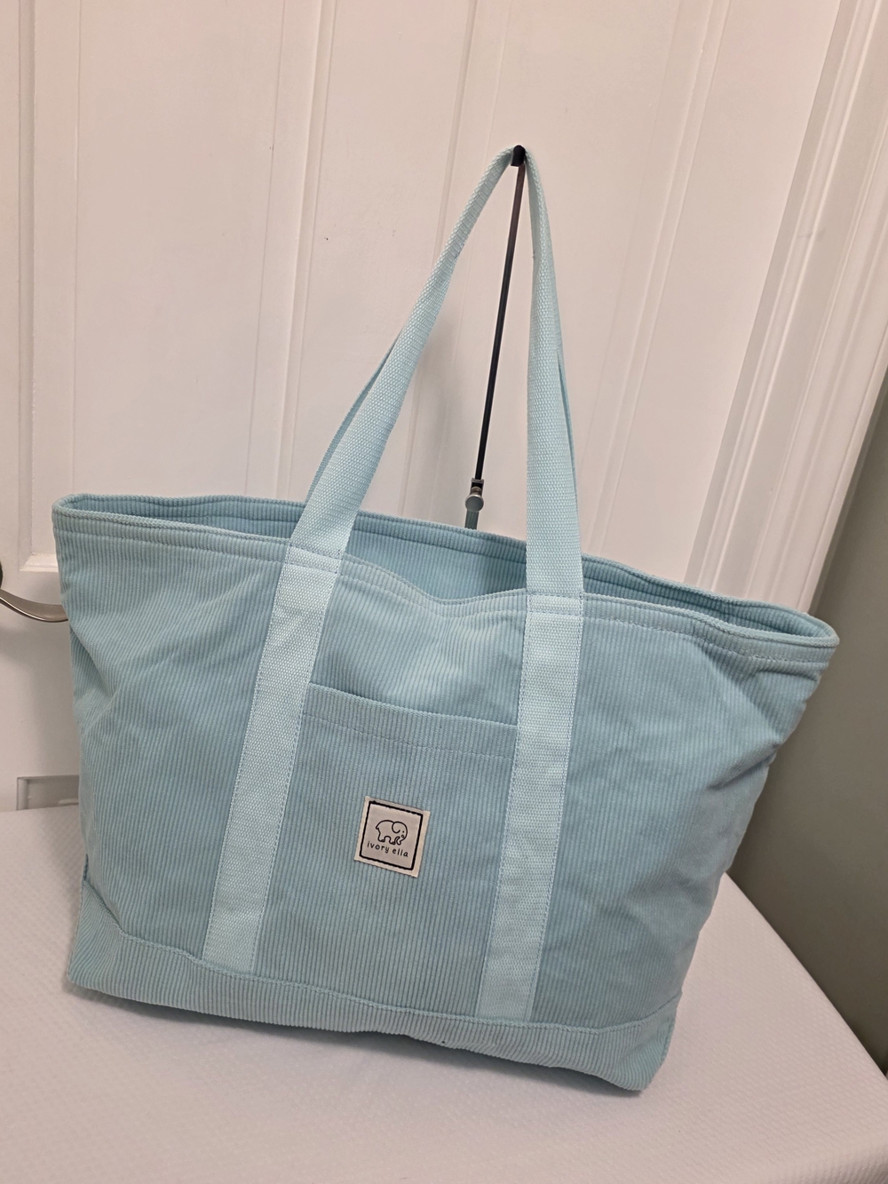 Ivory Ella Mint Green Corduroy Tote Bag Zip Close, Overnight, Gym, Beach